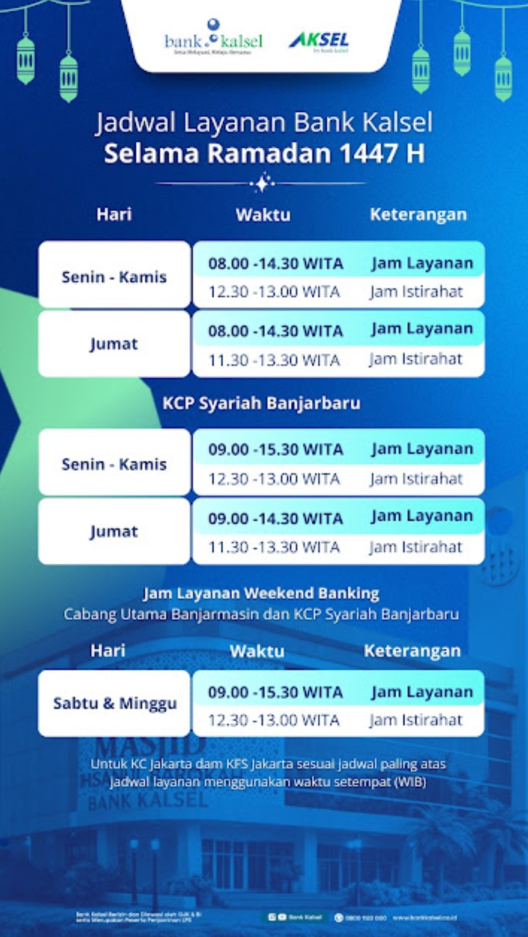 Jam Layanan Bank Kalsel dan KCP Syariah Banjarbaru Selama Ramadhan 1447 H/2026 Masehi